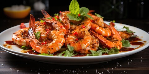 Shrimp in a white plate. Shrimp fried in a frying pan with lemon and garlic. 