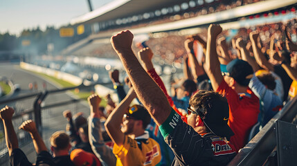 A group of spectators are cheering for their favorite driver during a race at a grandstand. The...