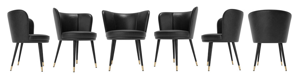 Modern and classic black leather chair set  with metallic gold legs isolated on white backgorund. Furniture collection. 