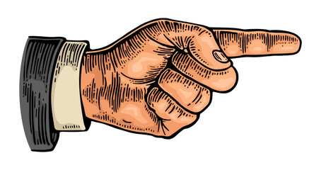 Pointing finger. Hand sign. Vector color vintage engraving