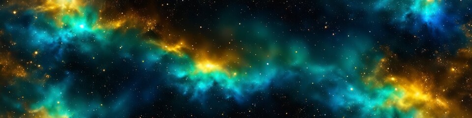 Fototapeta na wymiar Abstract surrealistic illustration galaxy nebula in turquoise and gold colors. Background for banner design, poster, website header, space for text. 