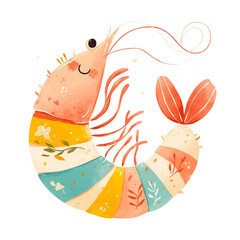 Cartoon shrimp watercolor png.