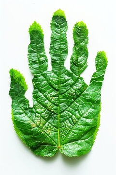 Top view photography of a hand print with a green leaf texture on white background. Having a hand in saving nature concept.