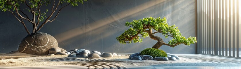 Pachira aquatica as a central element in a minimalist Zen garden, surrounded by smooth stones and raked sand , 3D render - obrazy, fototapety, plakaty