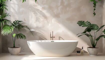 Fototapeta premium Interior of light bathroom with bathtub and Monstera houseplant