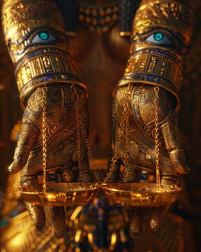 Golden scales held in Anubiss hands, gleaming under the watchful eye of Horus Focuses on interconnectedness of Egyptian gods , 3D style