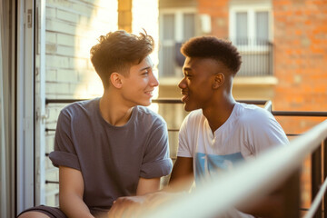 Two young men are on a balcony, smiling and looking at each other
