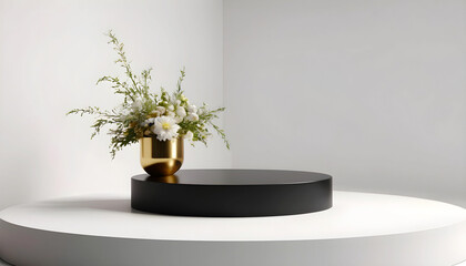 Elegant gold accent round black podium mockup for product showcase on white with flower arch decoration on gold vases