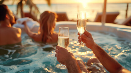 Close up portrait of couple relaxing and toasting champagne glass on jacuzzi tub pool at tropical beach resort, enjoying their vacation - obrazy, fototapety, plakaty