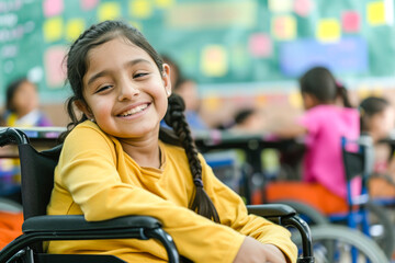 A girl in a wheelchair is smiling at the camera