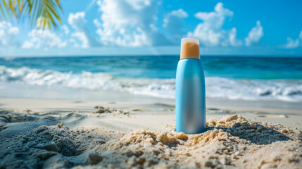 Sunscreen spray on sandy beach with sea waves