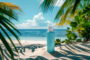 Sunscreen bottle on tropical beach with palm leaf shadow