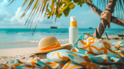 Sunscreen and summer accessories on tropical beach - obrazy, fototapety, plakaty