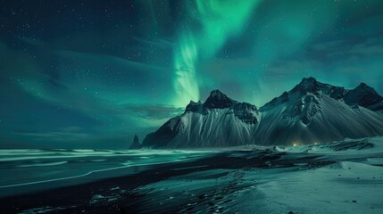 Amazing view of green aurora borealis shining in night sky over snowy mountain ridge with black sand stockness beach and vestrahorn mountain in background in iceland