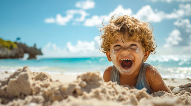 Joyful child with sandy cheeks laughing on the beach