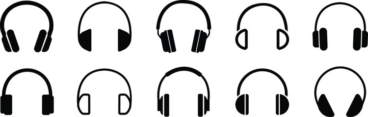headphone icons set. Vector, in trendy flat or linear style isolated on transparent background. Audio gadget business concept. Customer service, support. Design element suitable for web, print or app. - obrazy, fototapety, plakaty