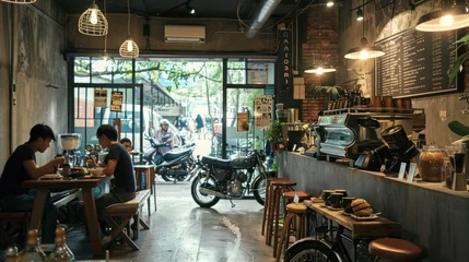 Cercles muraux Moto a coffee shop is enjoying coffee in front of its simple shop