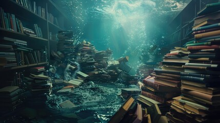 An undersea library where books float in the water - obrazy, fototapety, plakaty