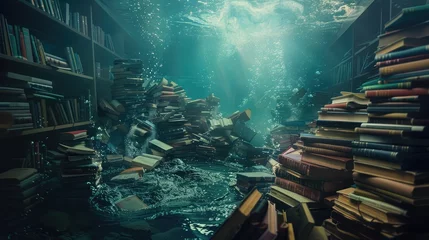Fotobehang An undersea library where books float in the water © Amer