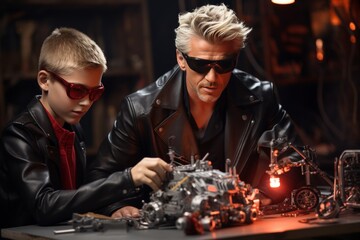 Father and son spending quality time building car model together, strengthening their bond - obrazy, fototapety, plakaty