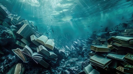 An undersea library where books float in the water