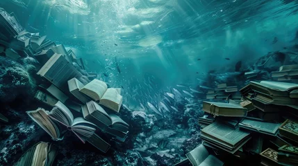 Meubelstickers An undersea library where books float in the water © Amer