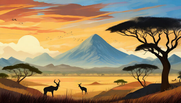 Oil illustration of African savanna landscape with mountain and sun. Abstract painting. Wildlife and nature