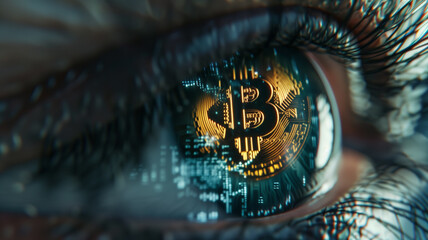 Crypto riflessa nell'occhio, bitcoin - obrazy, fototapety, plakaty