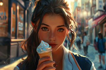 A close-up view of a beautiful girl in a school uniform, her face bathed in warm light as she enjoys an ice cream on a city street