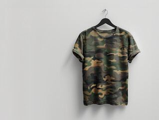 A camouflage shirt hangs from a hanger on a white wall.