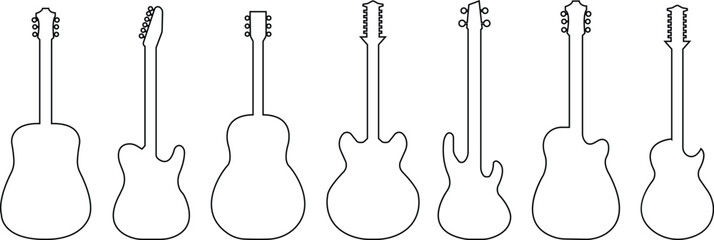 Guitar silhouettes icon set line vector. Acoustic musical instrument sign Isolated on transparent background. Trendy outline style collection for graphic design, logo, web, social media, mobile app