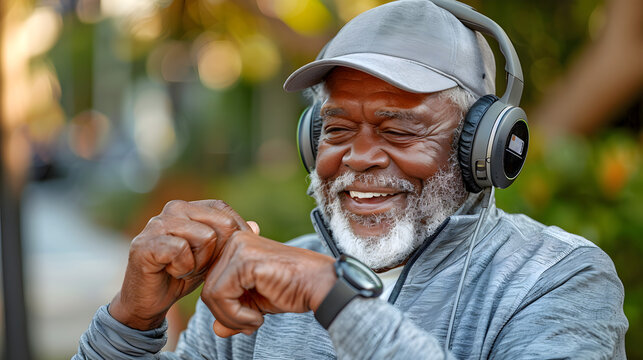 Elderly African american man wearing in grey jacket listening to music with headphones in while walking.