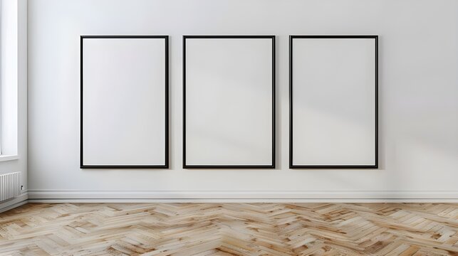 Three empty vertical black frame mock up in a white interior room design with wooden oak floor, 3 empty modern frames for gallery wall mockup, 3d illustration white wall interior Ai Generated 