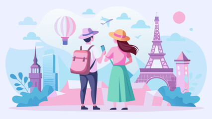 Young Explorers: A Beautiful Vector of a Girl and Boy Planning Their Dream Destinations on a World Map - obrazy, fototapety, plakaty