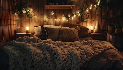Interior of bedroom with knitted plaid on bed and glowing lamps at night - obrazy, fototapety, plakaty