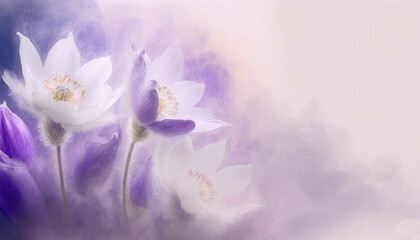 Fioletowe i białe kwiaty wiosenne, eteryczny kwiat,  artystyczne tło, puste miejsce