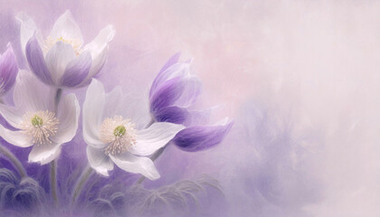 Fioletowe i białe kwiaty wiosenne, eteryczny kwiat,  artystyczne tło, puste miejsce - obrazy, fototapety, plakaty