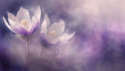 Fioletowe i białe kwiaty wiosenne, eteryczny kwiat,  artystyczne tło, puste miejsce