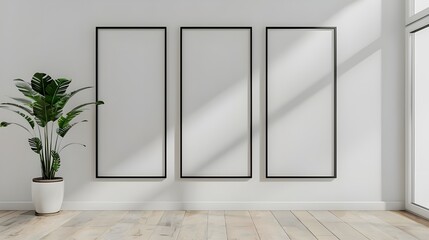 Three empty vertical black frame mock up in a white interior room design with wooden oak floor, 3 empty modern frames for gallery wall mockup, 3d illustration white wall interior Ai Generated 