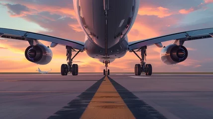 Foto auf Acrylglas A Jetliner’s Journey Begins, Gear Down, Against a Dawn Canvas © Hanzala
