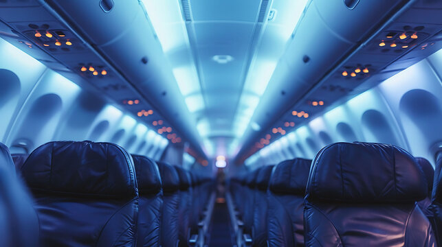 An empty airplane cabin with blue lights. The seats are made of black leather and the lights are reflecting off of them.