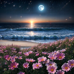a sea of spring night with a bright moon