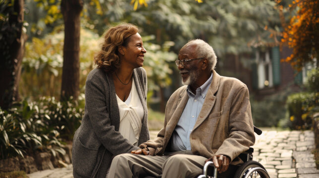A smiling couple enjoys a moment together in a park, with one seated in a wheelchair.