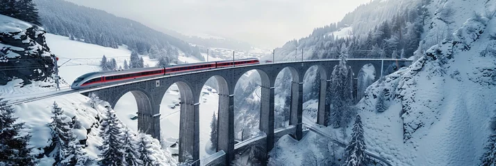 Fotobehang Landwasserviaduct Majestic Journey Through the Swiss Alps  Aerial View of a Train Traversing the Landwasser Viaduct in Winter