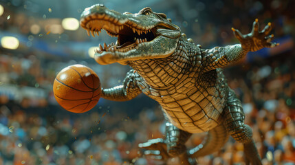 A remarkably rendered crocodile stands upright in an indoor basketball arena, eyes focused intently on a basketball in mid-air.