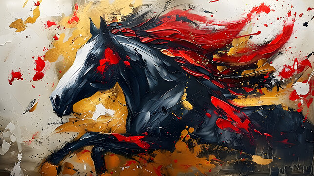 The abstract oil painting is a large stroke oil painting, mural, home decoration. It has gold, horse, wall art, modern artwork, spots, paint strokes, knife painting.