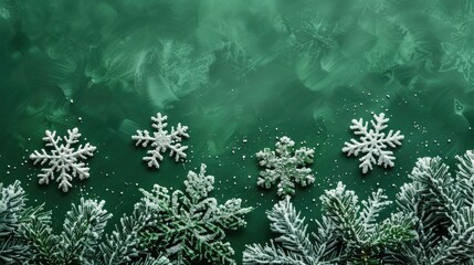 Fototapeta na wymiar Elegant snowflakes lie on vibrant green, offering a canvas of contrast and space for festive messages