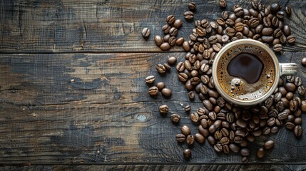 Coffee beans and coffee powder with hot coffee brewed on old wood. - obrazy, fototapety, plakaty