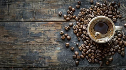 Foto auf Leinwand Coffee beans and coffee powder with hot coffee brewed on old wood. © matoya