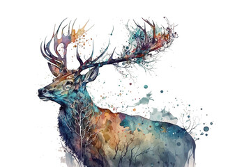 Watercolor background with deer. Animal vector backdrop. Nature illustration.